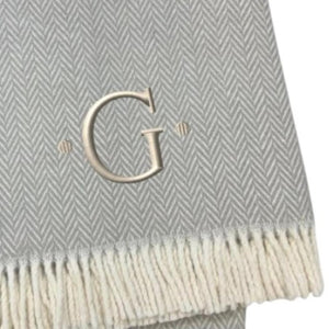 HomeRoots 55" Gray and White Herringbone Cotton Blend Throw Blanket with Personalized Initial and Tassels G 655530