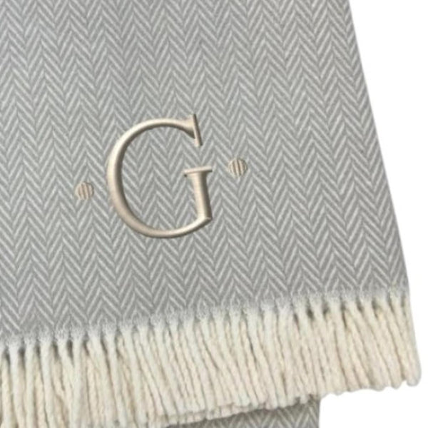 HomeRoots 55" Gray and White Herringbone Cotton Blend Throw Blanket with Personalized Initial and Tassels G 655530