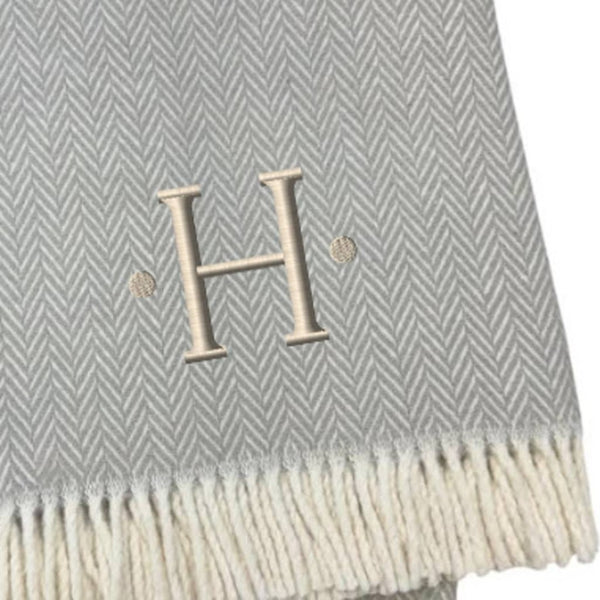 HomeRoots 55" Gray and White Herringbone Cotton Blend Throw Blanket with Personalized Initial and Tassels H 655531