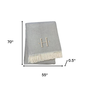 HomeRoots 55" Gray and White Herringbone Cotton Blend Throw Blanket with Personalized Initial and Tassels H 655531
