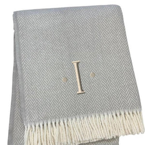 HomeRoots 55" Gray and White Herringbone Cotton Blend Throw Blanket with Personalized Initial and Tassels I 655532