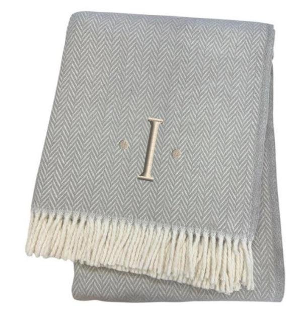 HomeRoots 55" Gray and White Herringbone Cotton Blend Throw Blanket with Personalized Initial and Tassels I 655532