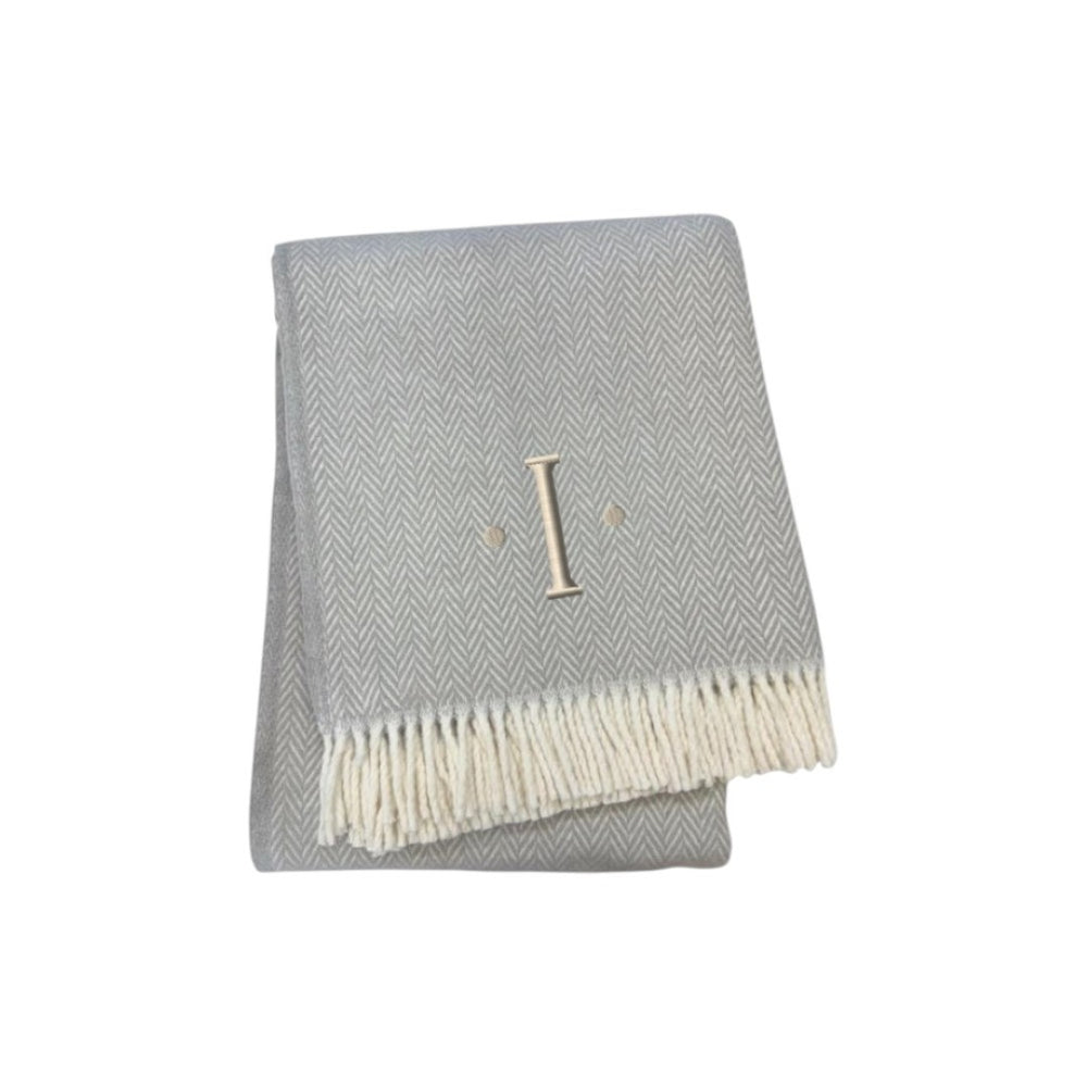 HomeRoots 55" Gray and White Herringbone Cotton Blend Throw Blanket with Personalized Initial and Tassels I 655532