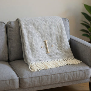 HomeRoots 55" Gray and White Herringbone Cotton Blend Throw Blanket with Personalized Initial and Tassels I 655532