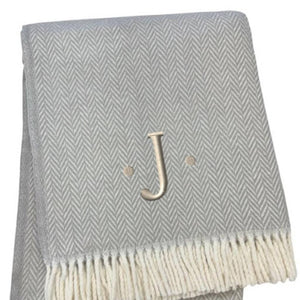 HomeRoots 55" Gray and White Herringbone Cotton Blend Throw Blanket with Personalized Initial and Tassels J 655533