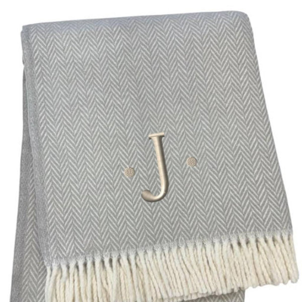 HomeRoots 55" Gray and White Herringbone Cotton Blend Throw Blanket with Personalized Initial and Tassels J 655533