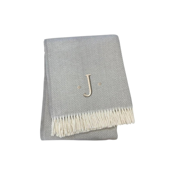 HomeRoots 55" Gray and White Herringbone Cotton Blend Throw Blanket with Personalized Initial and Tassels J 655533