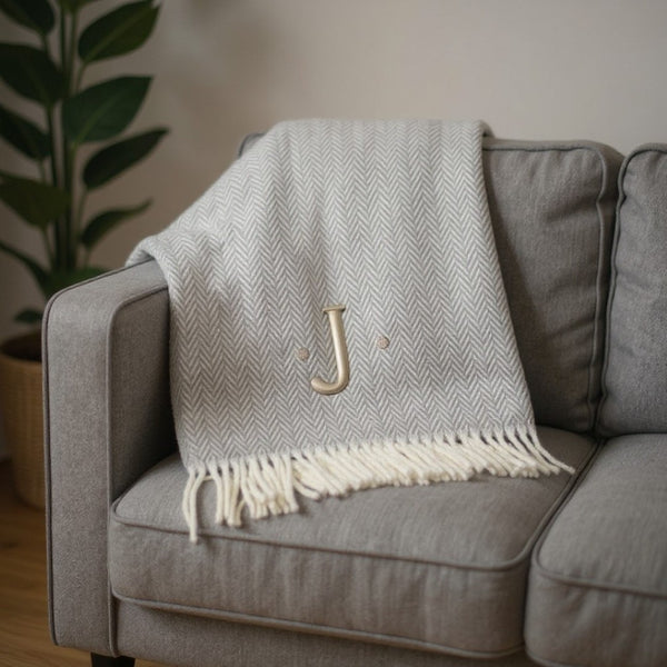 HomeRoots 55" Gray and White Herringbone Cotton Blend Throw Blanket with Personalized Initial and Tassels J 655533