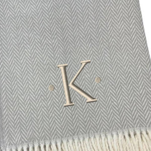 HomeRoots 55" Gray and White Herringbone Cotton Blend Throw Blanket with Personalized Initial and Tassels K 655534