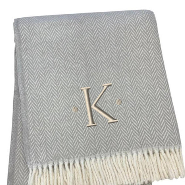 HomeRoots 55" Gray and White Herringbone Cotton Blend Throw Blanket with Personalized Initial and Tassels K 655534