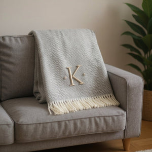 HomeRoots 55" Gray and White Herringbone Cotton Blend Throw Blanket with Personalized Initial and Tassels K 655534