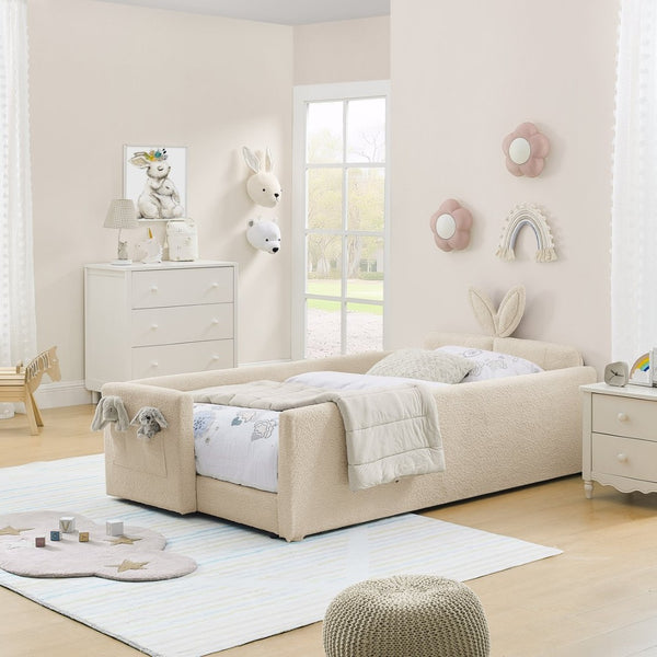 English Elm Twin Boucle Upholstered Kids Bed Whimsical Rabbit Ear Headboard with Safety Rail Camel W1413P407488