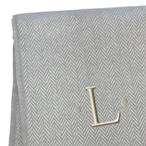 HomeRoots 55" Gray and White Herringbone Cotton Blend Throw Blanket with Personalized Initial and Tassels L 655535