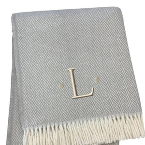 HomeRoots 55" Gray and White Herringbone Cotton Blend Throw Blanket with Personalized Initial and Tassels L 655535
