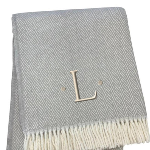 HomeRoots 55" Gray and White Herringbone Cotton Blend Throw Blanket with Personalized Initial and Tassels L 655535