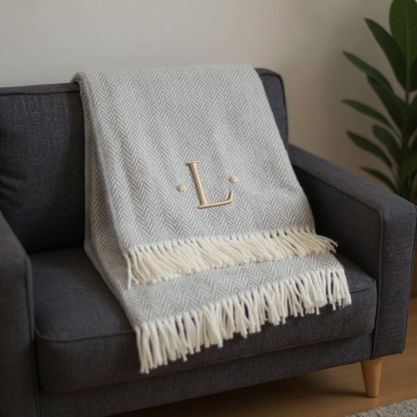HomeRoots 55" Gray and White Herringbone Cotton Blend Throw Blanket with Personalized Initial and Tassels L 655535