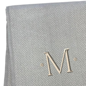 HomeRoots 55" Gray and White Herringbone Cotton Blend Throw Blanket with Personalized Initial and Tassels M 655536