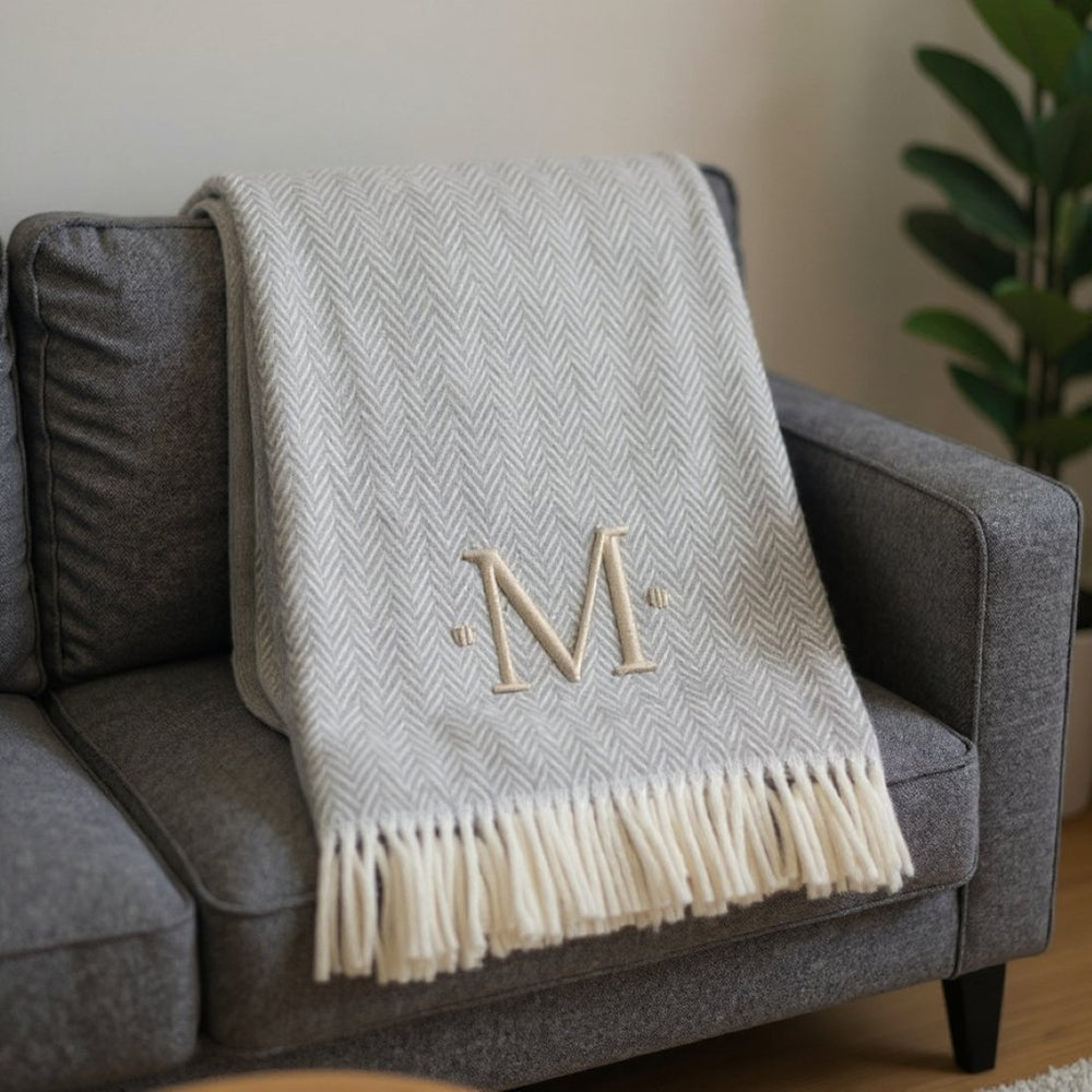 HomeRoots 55" Gray and White Herringbone Cotton Blend Throw Blanket with Personalized Initial and Tassels M 655536