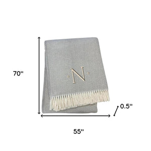 HomeRoots 55" Gray and White Herringbone Cotton Blend Throw Blanket with Personalized Initial and Tassels no 655537