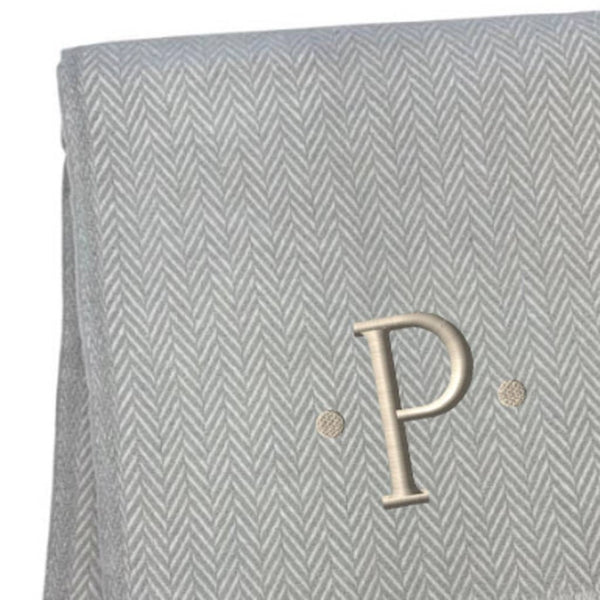 HomeRoots 55" Gray and White Herringbone Cotton Blend Throw Blanket with Personalized Initial and Tassels P 655539