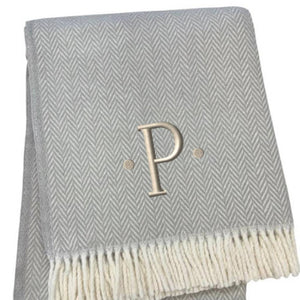 HomeRoots 55" Gray and White Herringbone Cotton Blend Throw Blanket with Personalized Initial and Tassels P 655539