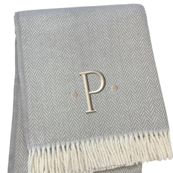 HomeRoots 55" Gray and White Herringbone Cotton Blend Throw Blanket with Personalized Initial and Tassels P 655539
