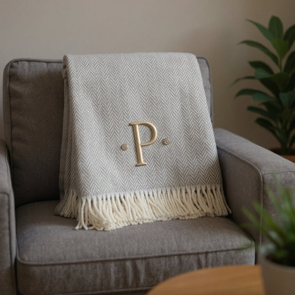 HomeRoots 55" Gray and White Herringbone Cotton Blend Throw Blanket with Personalized Initial and Tassels P 655539