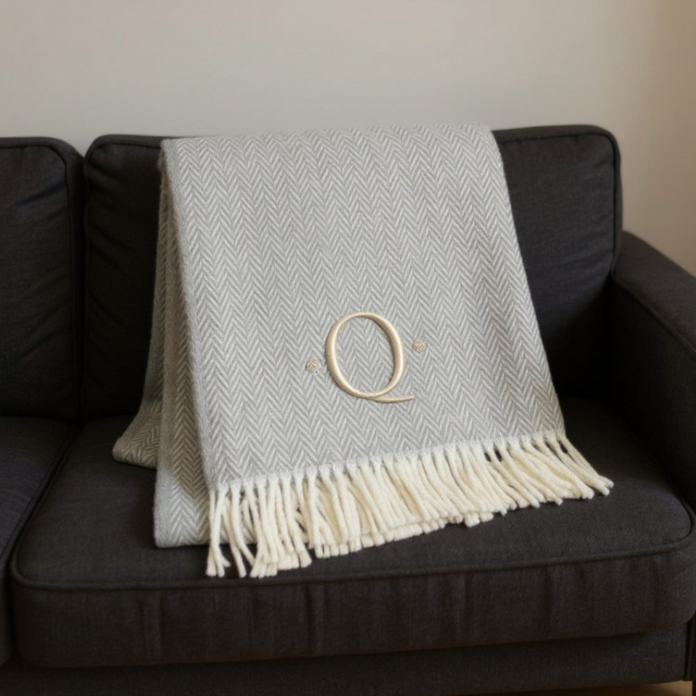 HomeRoots 55" Gray and White Herringbone Cotton Blend Throw Blanket with Personalized Initial and Tassels Q 655540