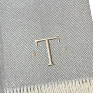 HomeRoots 55" Gray and White Herringbone Cotton Blend Throw Blanket with Personalized Initial and Tassels T 655543