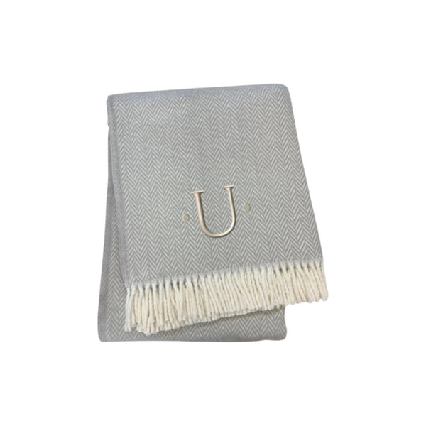 HomeRoots 55" Gray and White Herringbone Cotton Blend Throw Blanket with Personalized Initial and Tassels U 655544