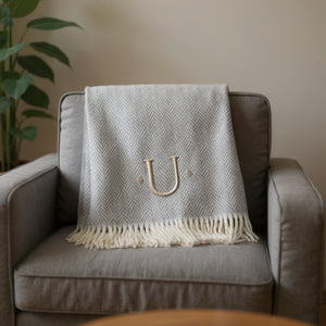 HomeRoots 55" Gray and White Herringbone Cotton Blend Throw Blanket with Personalized Initial and Tassels U 655544