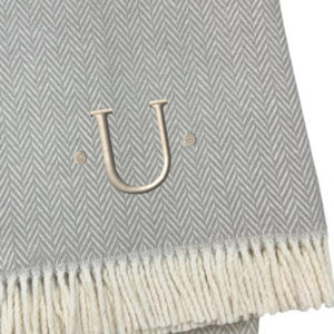 HomeRoots 55" Gray and White Herringbone Cotton Blend Throw Blanket with Personalized Initial and Tassels U 655544