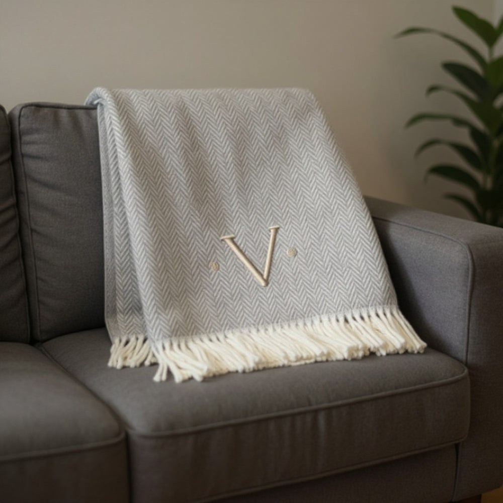 HomeRoots 55" Gray and White Herringbone Cotton Blend Throw Blanket with Personalized Initial and Tassels V 655545