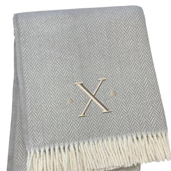 HomeRoots 55" Gray and White Herringbone Cotton Blend Throw Blanket with Personalized Initial and Tassels X 655547