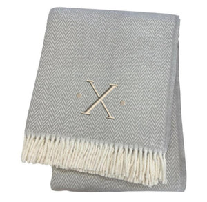HomeRoots 55" Gray and White Herringbone Cotton Blend Throw Blanket with Personalized Initial and Tassels X 655547