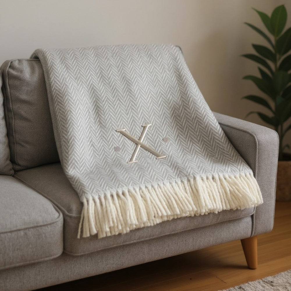HomeRoots 55" Gray and White Herringbone Cotton Blend Throw Blanket with Personalized Initial and Tassels X 655547