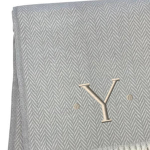 HomeRoots 55" Gray and White Herringbone Cotton Blend Throw Blanket with Personalized Initial and Tassels yes 655548