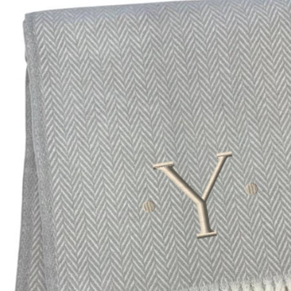 HomeRoots 55" Gray and White Herringbone Cotton Blend Throw Blanket with Personalized Initial and Tassels yes 655548
