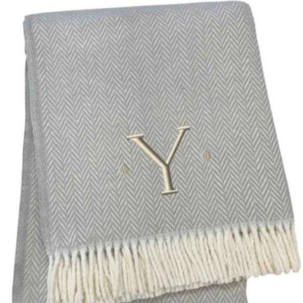 HomeRoots 55" Gray and White Herringbone Cotton Blend Throw Blanket with Personalized Initial and Tassels yes 655548