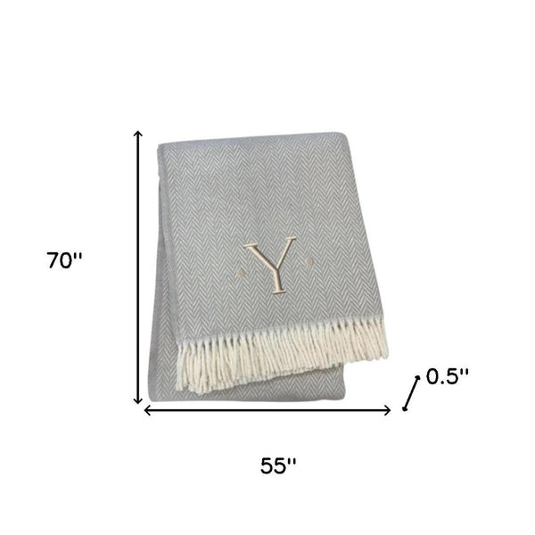 HomeRoots 55" Gray and White Herringbone Cotton Blend Throw Blanket with Personalized Initial and Tassels yes 655548