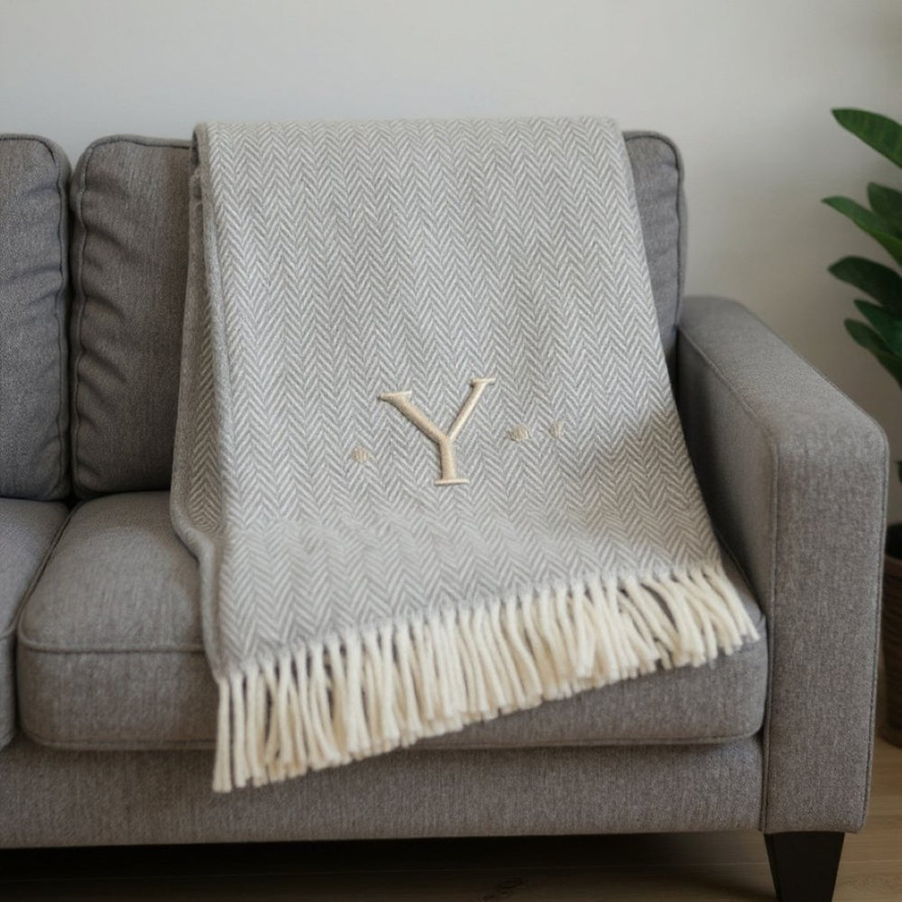 HomeRoots 55" Gray and White Herringbone Cotton Blend Throw Blanket with Personalized Initial and Tassels yes 655548