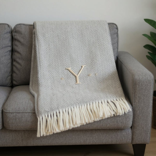 HomeRoots 55" Gray and White Herringbone Cotton Blend Throw Blanket with Personalized Initial and Tassels yes 655548