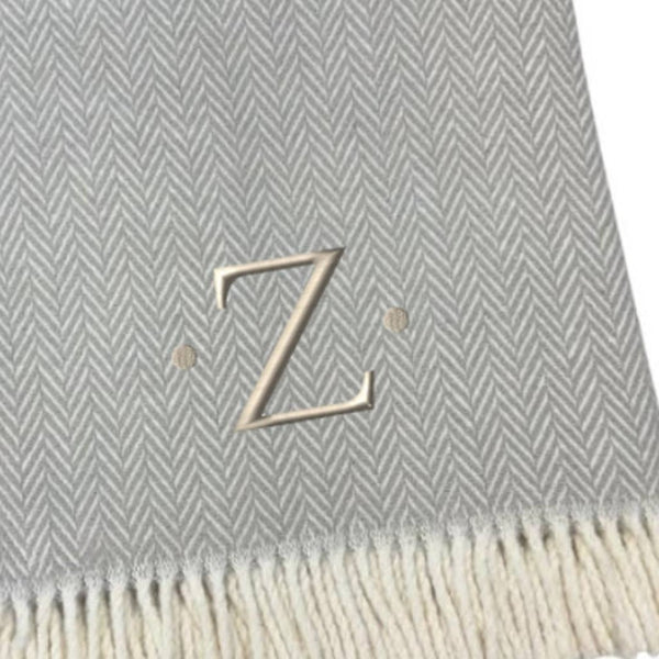 HomeRoots 55" Gray and White Herringbone Cotton Blend Throw Blanket with Personalized Initial and Tassels Z 655549