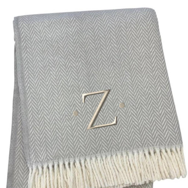 HomeRoots 55" Gray and White Herringbone Cotton Blend Throw Blanket with Personalized Initial and Tassels Z 655549