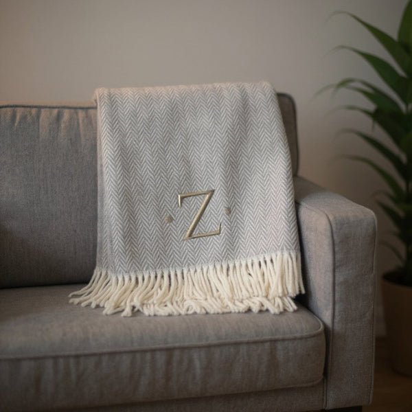 HomeRoots 55" Gray and White Herringbone Cotton Blend Throw Blanket with Personalized Initial and Tassels Z 655549
