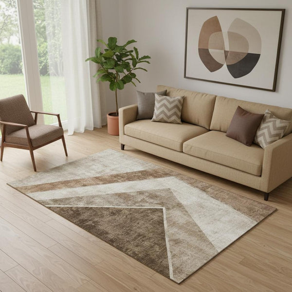 HomeRoots 5' X 8' Brown and Beige Geometric Area Rug - Washable, UV Protected, Stylish & Stain-Resistant Design 655551
