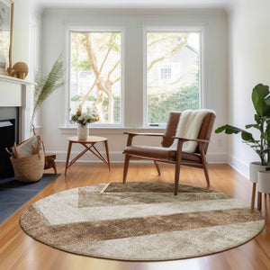 HomeRoots 8' Brown and Beige Geometric Round Rug - Washable, UV-Protected, Family-Friendly Design for Homes! 655552