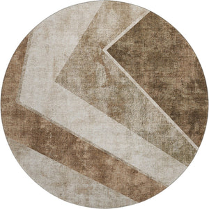 HomeRoots 8' Brown and Beige Geometric Round Rug - Washable, UV-Protected, Family-Friendly Design for Homes! 655552