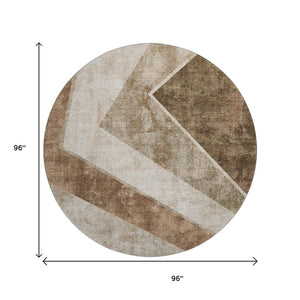 HomeRoots 8' Brown and Beige Geometric Round Rug - Washable, UV-Protected, Family-Friendly Design for Homes! 655552