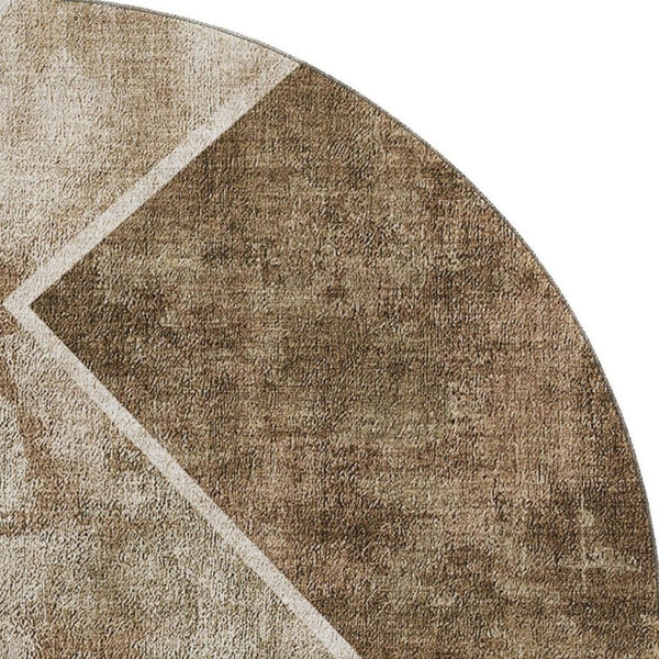 HomeRoots 8' Brown and Beige Geometric Round Rug - Washable, UV-Protected, Family-Friendly Design for Homes! 655552